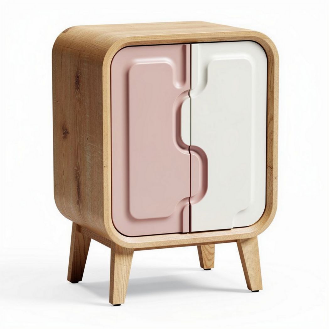 Meuble de rangement en bois avec portes en plastique rose et blanc 40 x 35 x 70cm