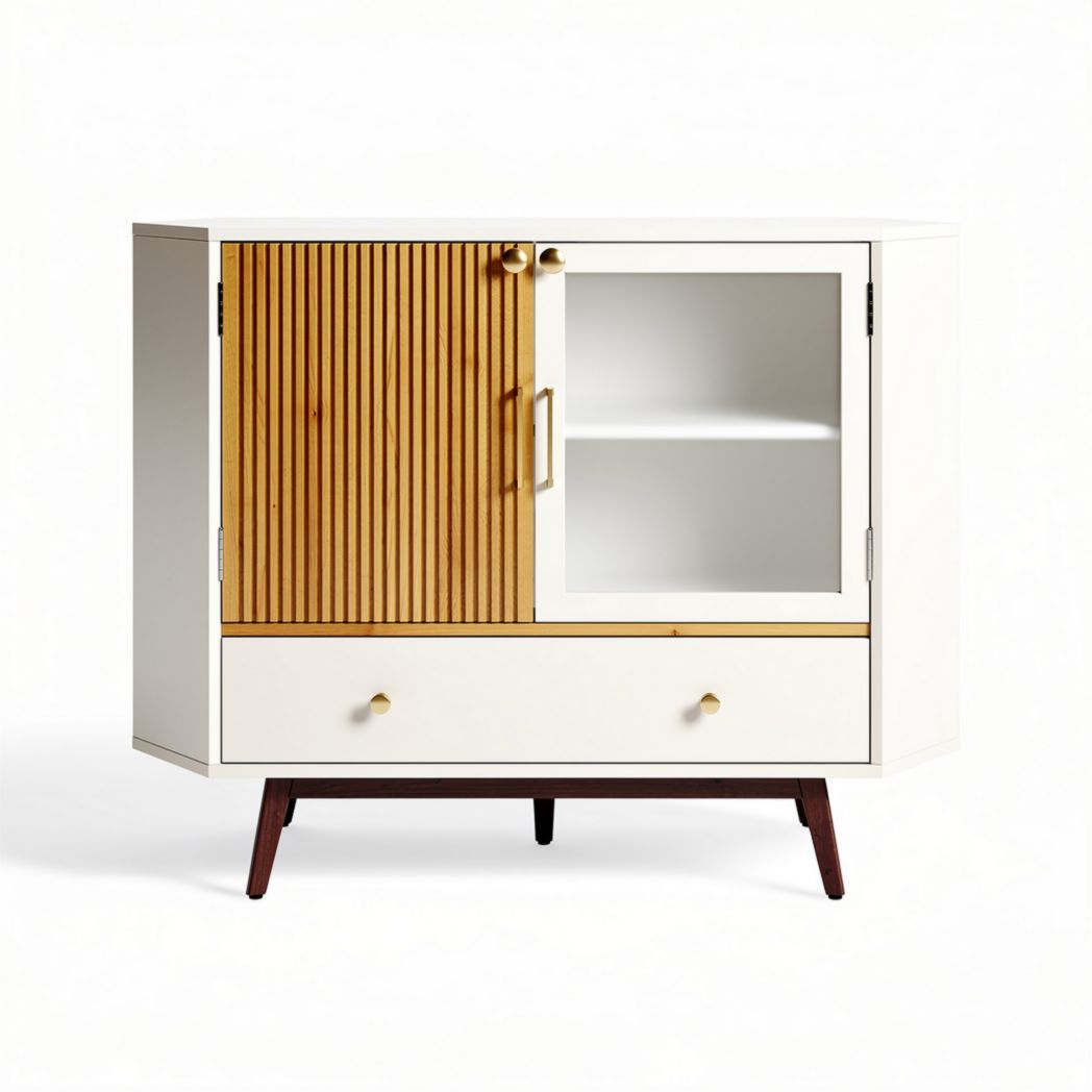 Buffet moderne en bois et laqué blanc avec portes en verre 80 x 40 x 70cm