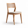 Chaise en bois naturel avec assise en tissu beige et dossier en cannage 45 x 55 x 85cm