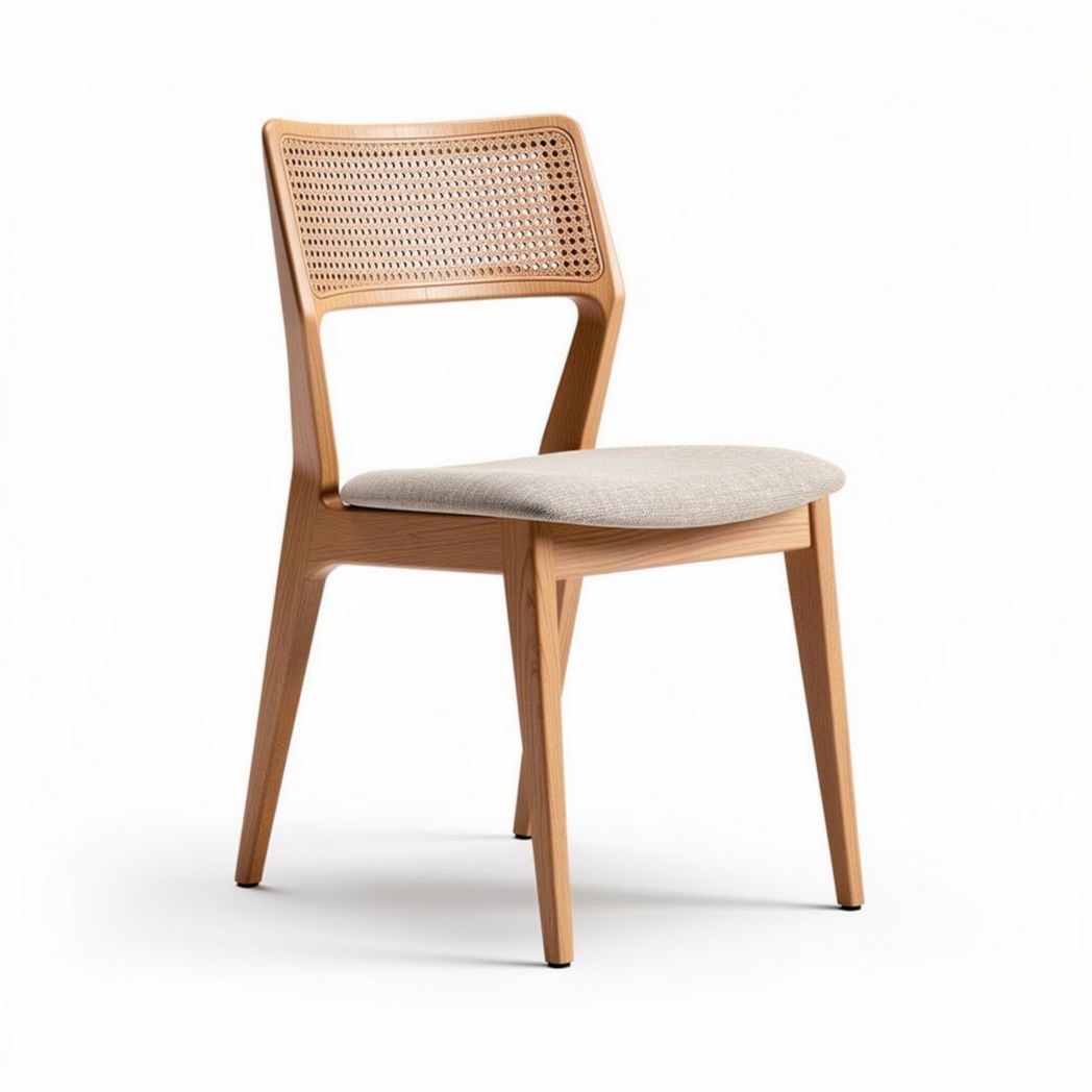 Chaise en bois naturel avec assise en tissu beige et dossier en cannage 45 x 55 x 85cm
