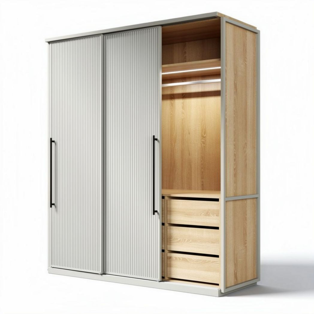 Armoire en bois naturel avec portes coulissantes et tiroirs 150 x 60 x 200cm